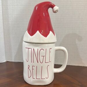 Rare Rae Dunn “Jingle Bells” ceramic Mug with Santa hat lid